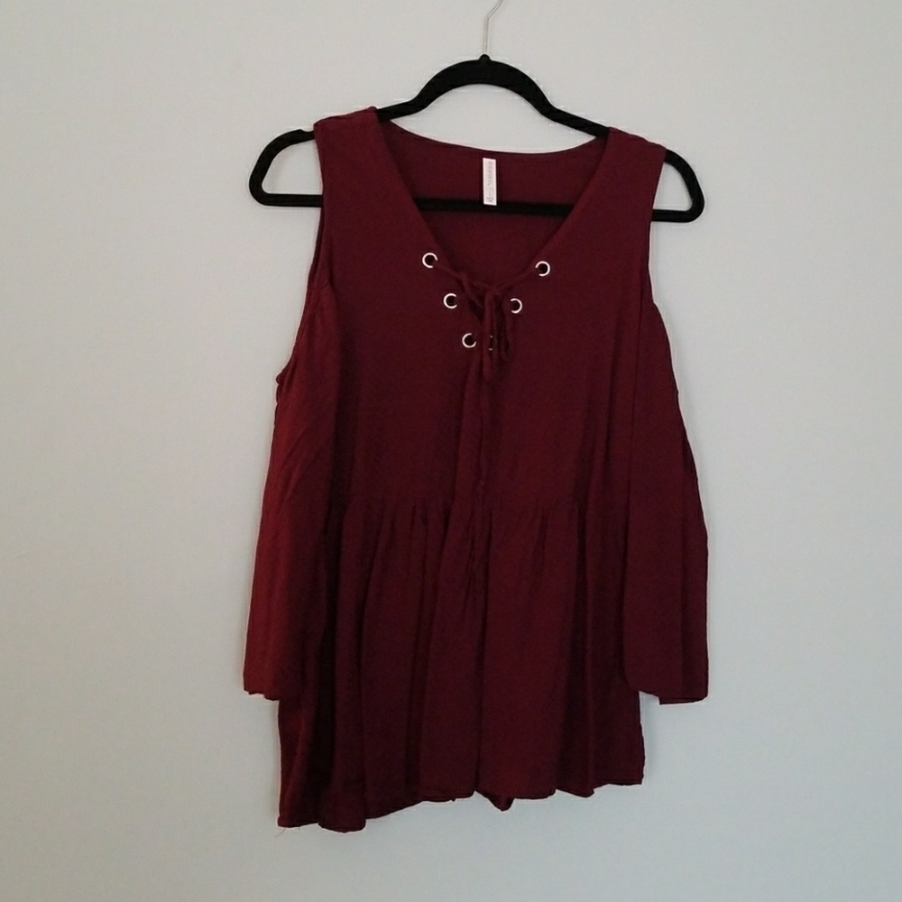 Textured lace up cold shoulder top